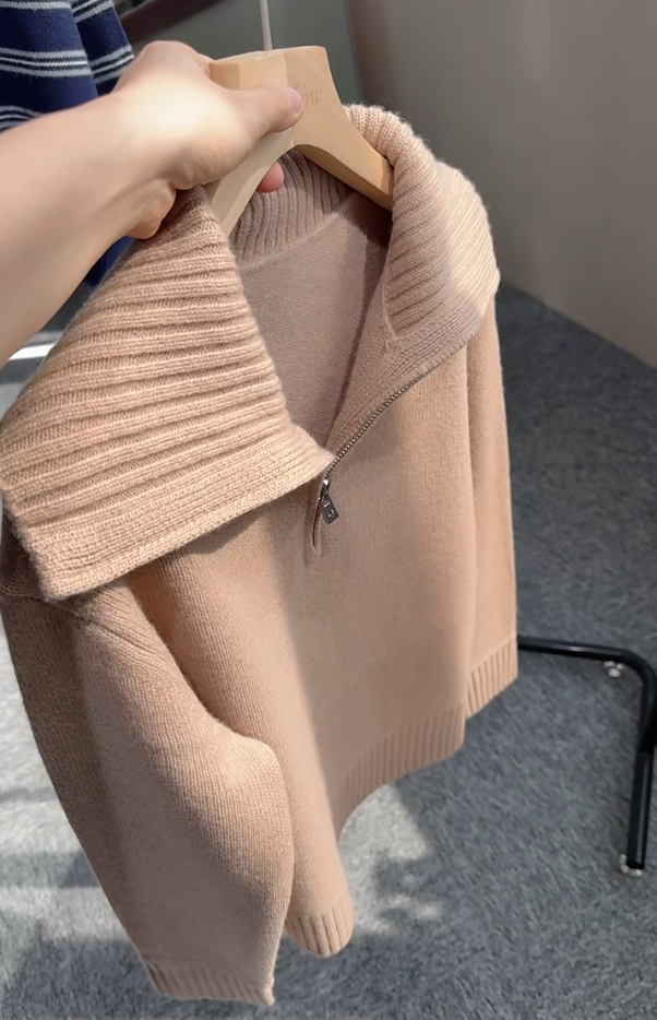 2025秋冬慵懒风纯色半拉链针织衫百撘时尚厚实女装宽松套头毛衣