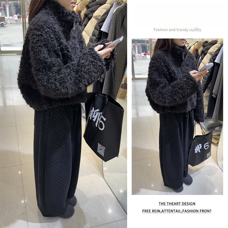 秋冬搭配一整套2026新款宽松立领长袖外套波点阔腿休闲裤两件套女