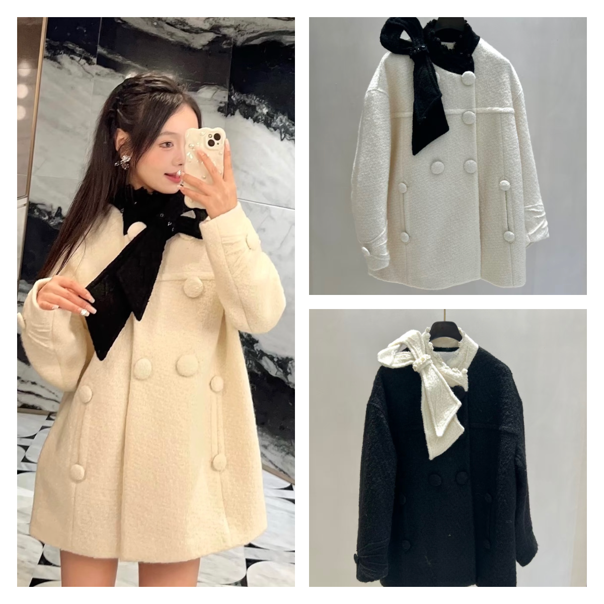 长袖气质大衣蝴蝶结黑白撞色米白色羊毛呢中长款外套2025秋冬新款