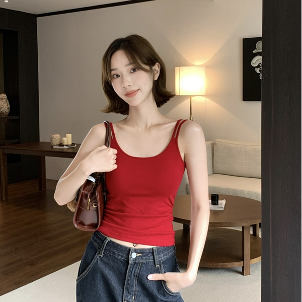 Qixin Bear/柒心熊韩系休闲风双肩纯色低领美背吊带背心内搭女士