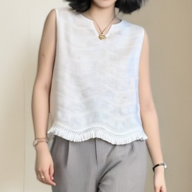 2025夏季新款下摆拼接流苏设计感V领无袖背心LK2504637