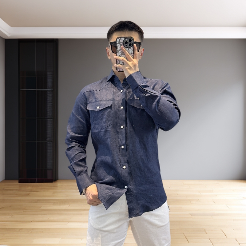 <古帝特尼>“亚麻纯色“春夏季新款男士潮流舒适口袋翻领衬衫DC-005