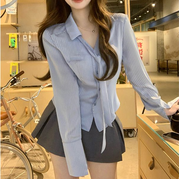 【辣妹衬衫小众衬衣】POLO领纯欲风辣妹春款长袖衬衫收腰修身女上衣