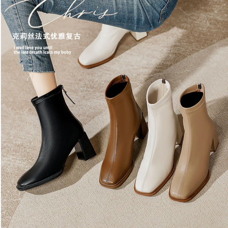 法式方头真皮瘦瘦靴2025年新款粗跟时装靴百搭马丁靴爆款鞋子短靴