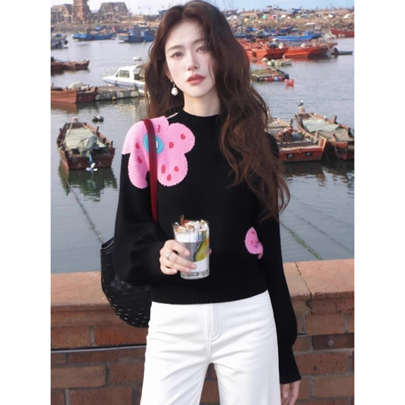 法式花朵圆领套头毛衣女2026新款秋冬季新款加厚慵懒风针织衫上衣