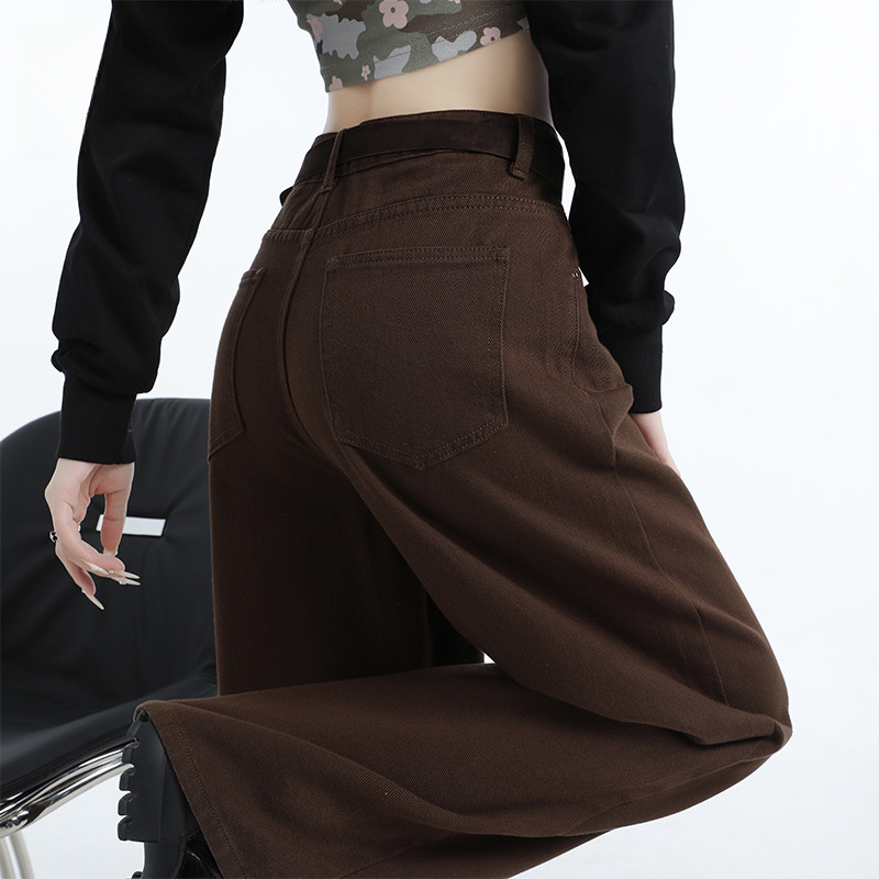 棕咖色直筒阔腿牛仔裤女2025秋季新款高腰遮胯宽松美式复古拖地裤