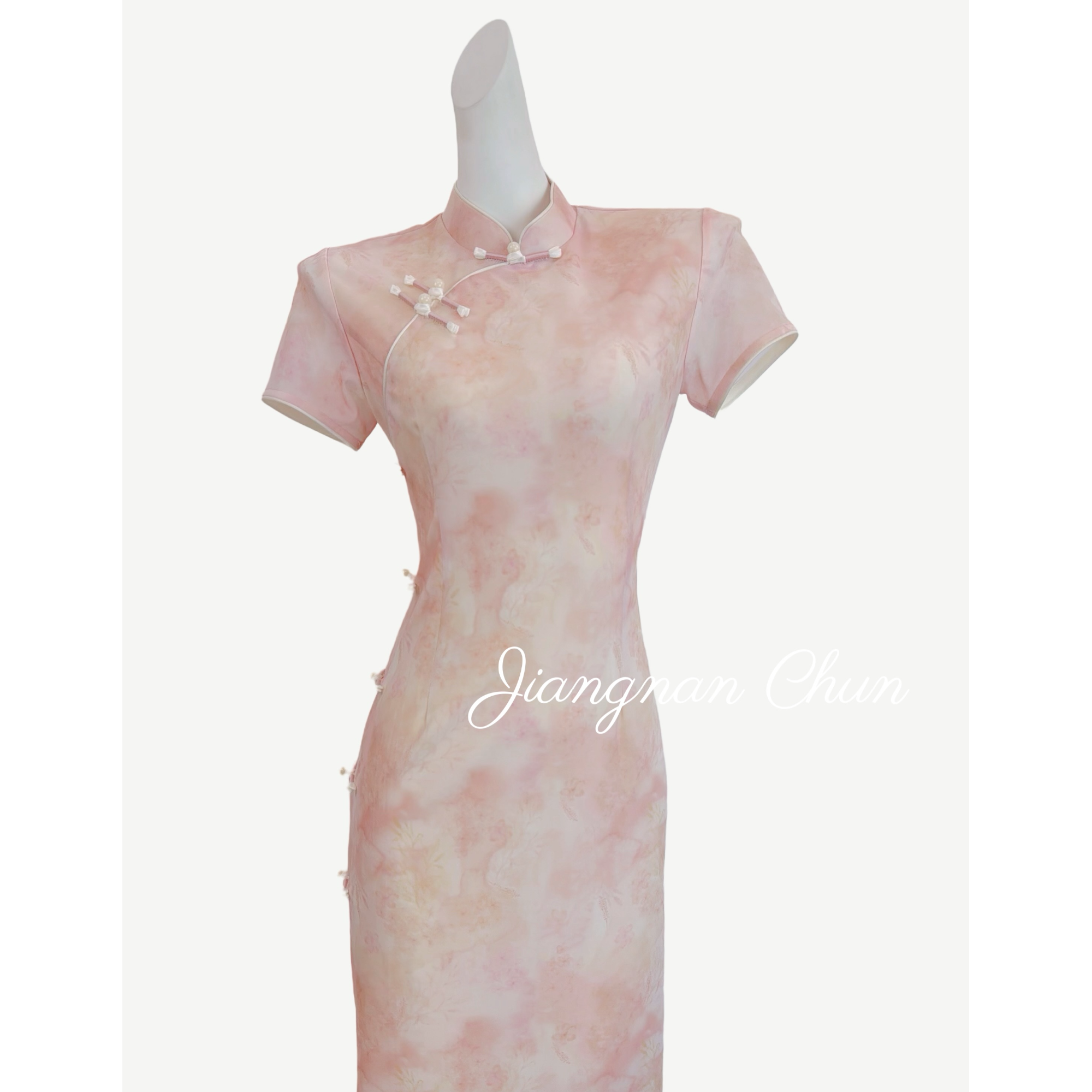 江南春原创【粉黛】新中式文艺复古日常短袖旗袍优雅立领显瘦修身