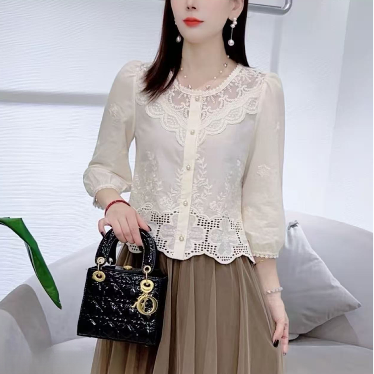 100%棉新款早秋七分袖衬衫女新款淑女小衫宽松甜美百搭上衣女