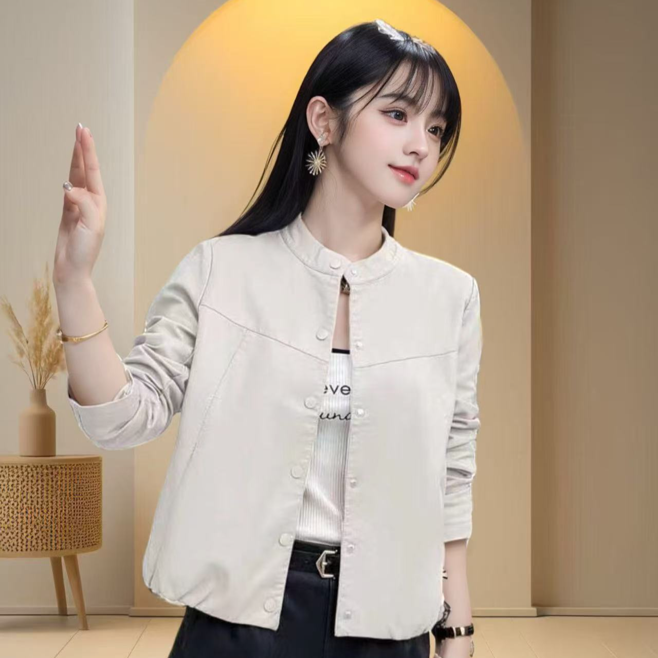 【新粉专享】海宁正品2025春季新款时尚休闲圆领气质皮衣外套女（迪）