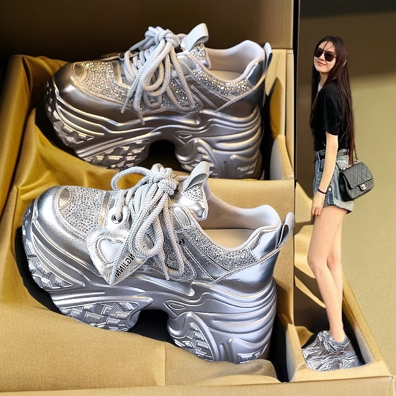 潮流新款厚底女鞋百搭休闲内增高校园风银色运动鞋子