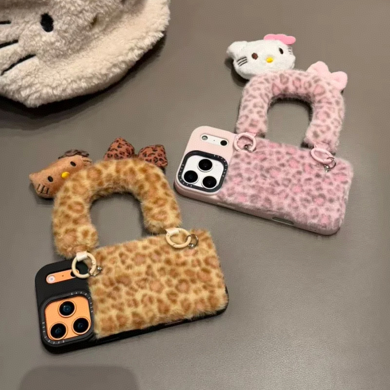 豹纹手挎包猫咪毛绒适用于iPhone17promax手机壳16少女心15可爱14