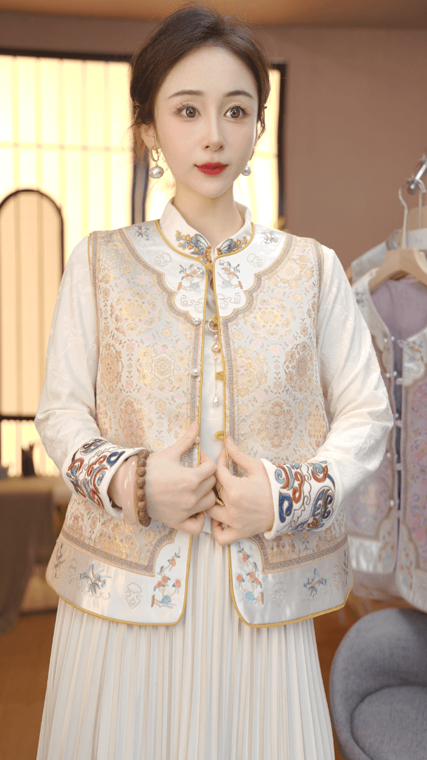 【福瑞】秋季新款中国风百搭立领复古锦绣双面双穿马甲