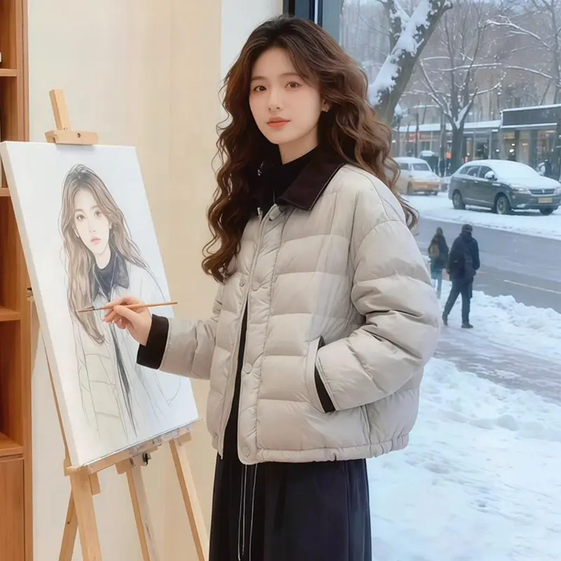 MISU/糜素韩版灰色翻领撞色棉服外套冬季新款棉袄小个子保暖棉衣