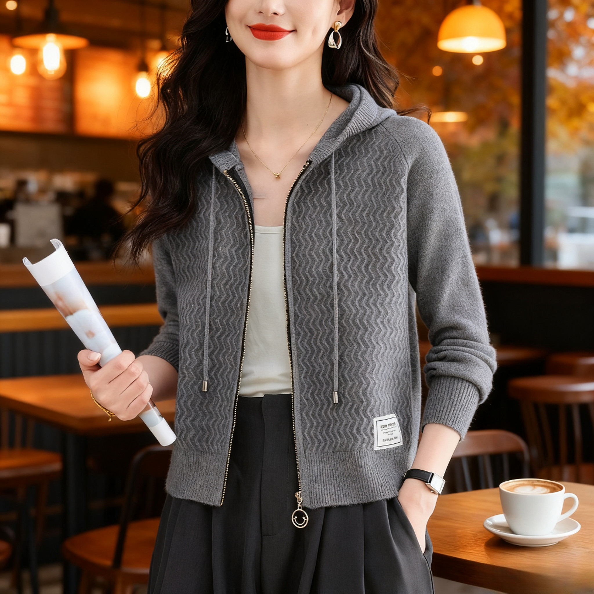 重磅爆款连帽针织开衫女春秋新款短款慵懒风外套毛衣高级感上衣