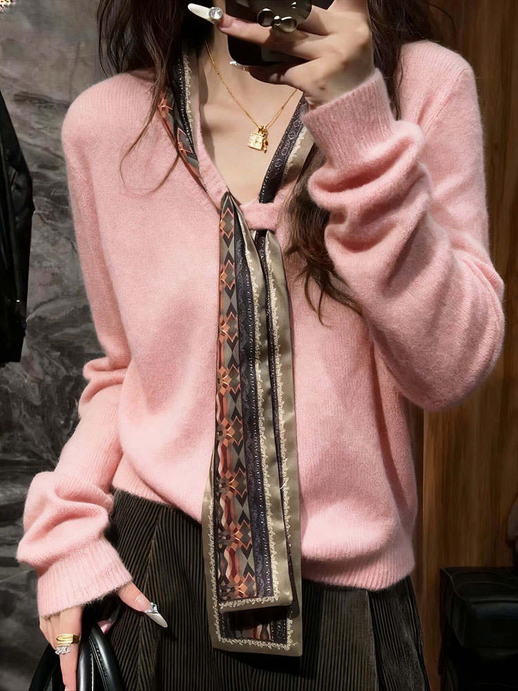 巨好看轻熟上衣早秋氛围感独特超好看软糯气质粉色针织衫套头毛衣