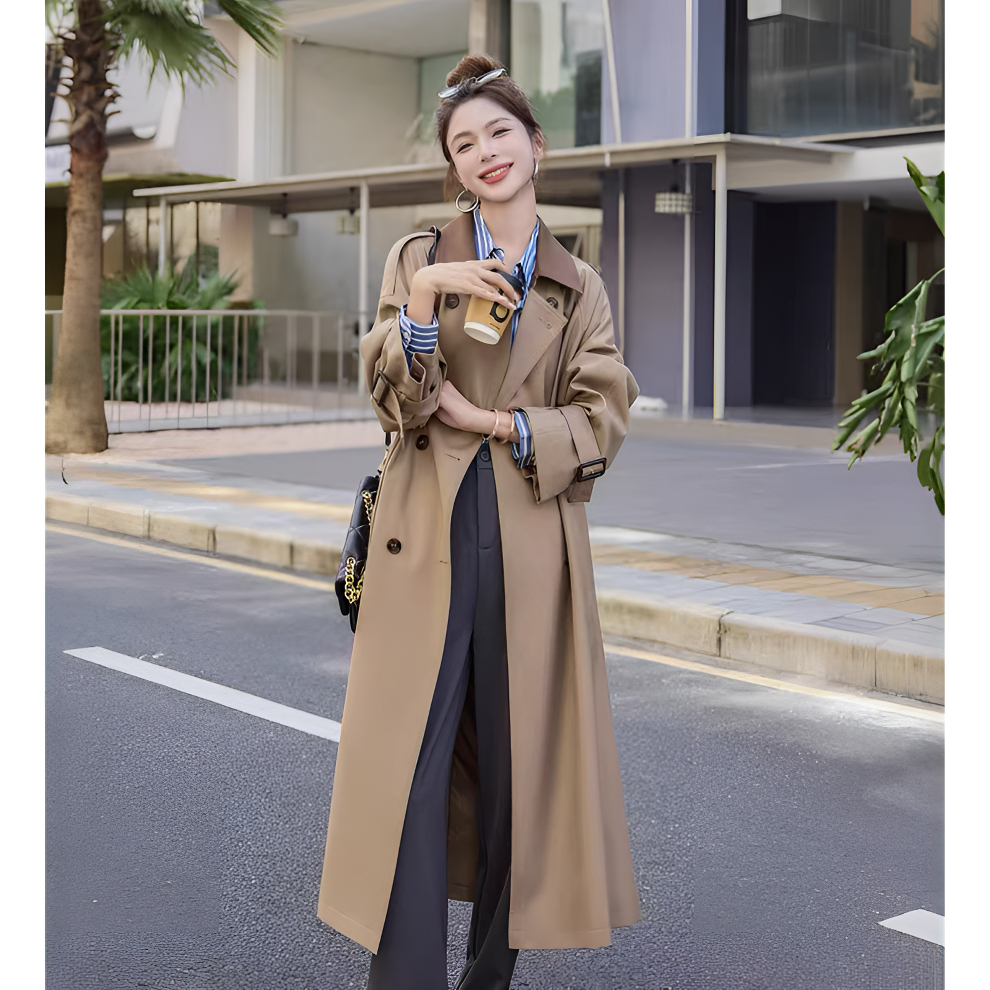 早秋新款英伦风撞色中长款风衣女2025高级感韩版显瘦气质大衣外套