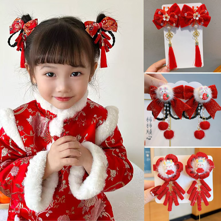 秋冬季新款毛球儿童古风发夹宝宝发卡中国风红色女童发饰头饰国潮