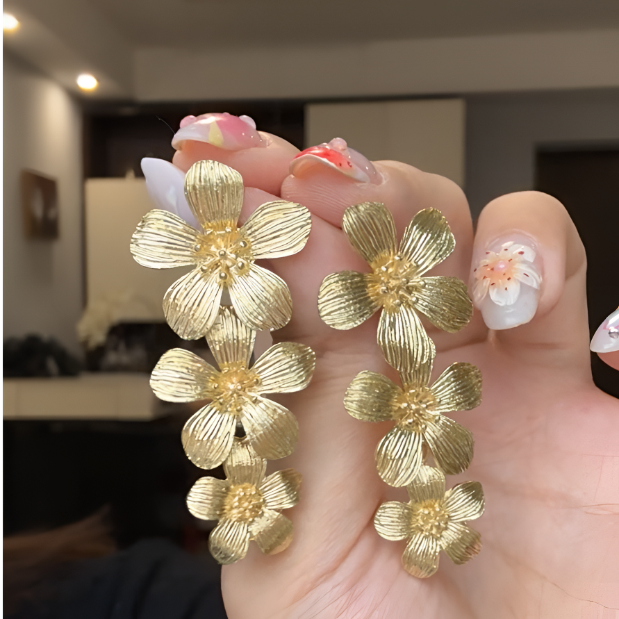 合金耳饰 冷淡风长款立体花朵耳环欧美金属风夸张个性高级感耳饰