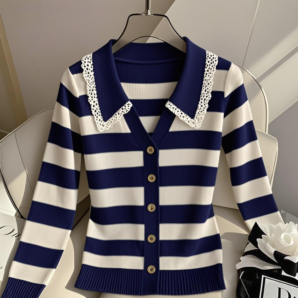 2025早秋季新款韩版条纹毛针织衫慵懒风时尚气质显瘦长袖上衣爆款