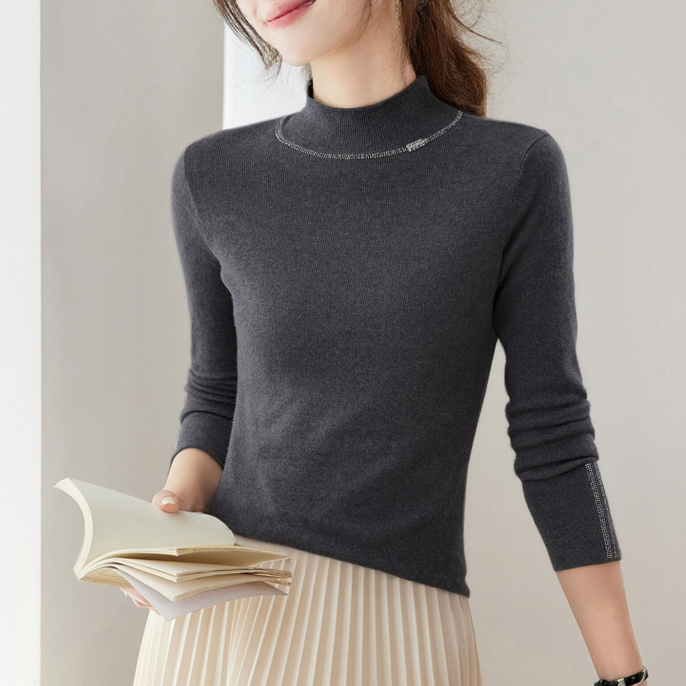 品牌女装正品秋冬新款时尚打底衫半高领女士羊毛针织衫烫钻毛衣