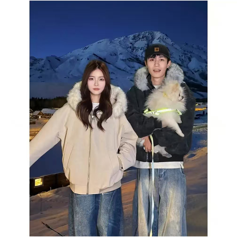 美式连帽座山雕外套男女款冬季加绒加厚保暖短款棉服毛领pu皮夹克