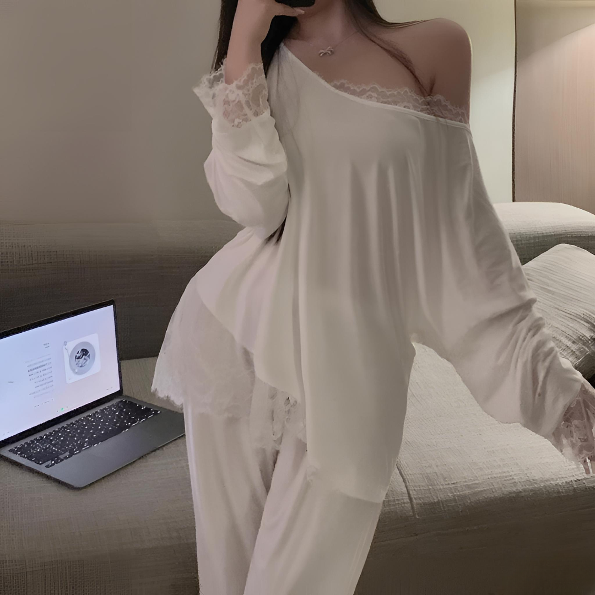 白月美人蕾丝花边斜肩美背睡衣女薄款春秋夏可外穿宽松家居服套装
