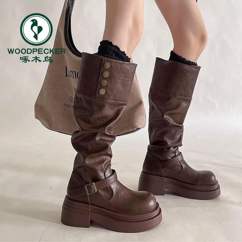 啄木鸟西部牛仔废土风长高筒靴子女2025春秋新款厚底堆堆靴骑士靴
