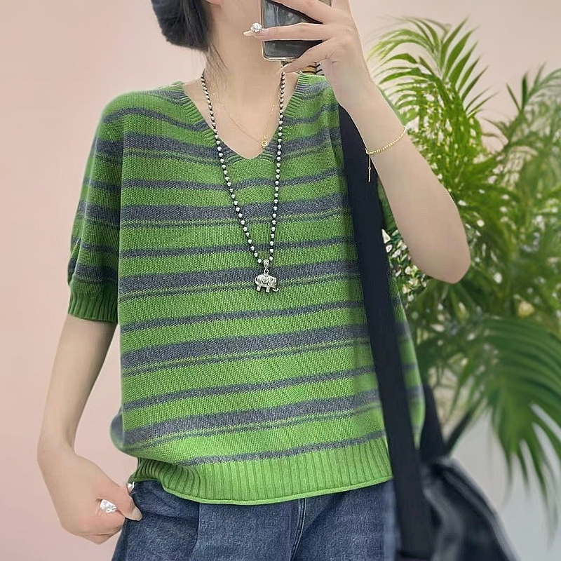 纯棉T恤200斤可穿大码短袖女夏季韩版宽松遮肚显瘦条纹V领针织