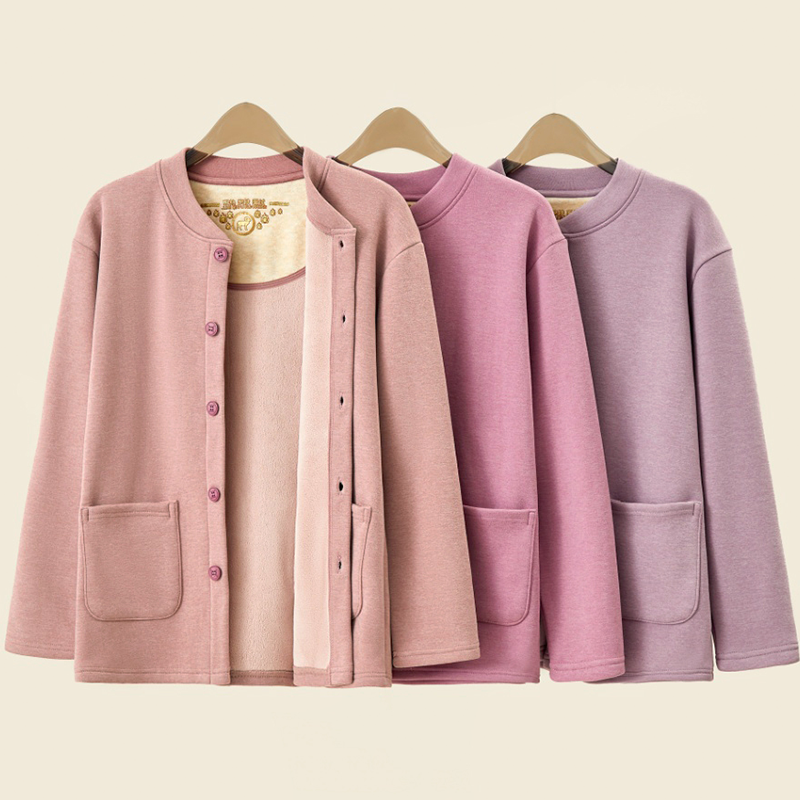 加绒德绒加厚保暖内衣开衫女士中老年加大宽松秋冬季长袖大码居家