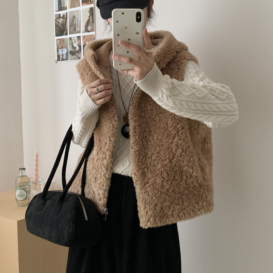 【运补5元】仿羊羔毛连帽马甲女短款韩版爆款皮毛一体毛毛外套