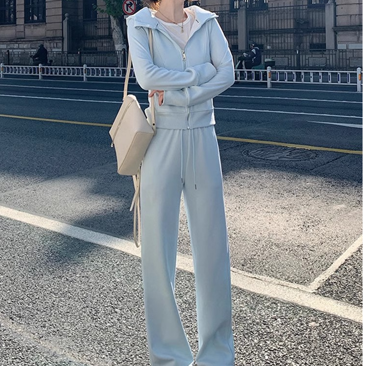 蓝色百搭休闲运动套装女秋冬2025年超火盐系洋气卫衣阔腿裤两件套