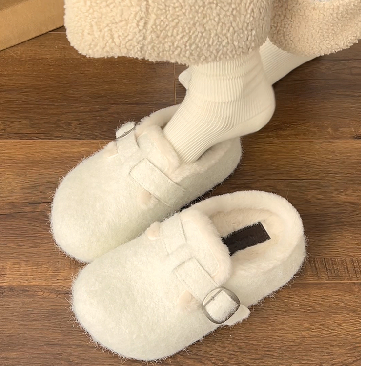 南在南方米色厚底毛毛拖鞋女2025新款冬季外穿加绒保暖包头棉拖鞋