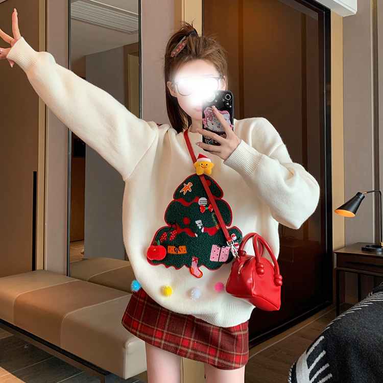 2025新款秋季时尚高级感小众奶FUFU慵懒内搭针织衫圆领圣诞毛衣女