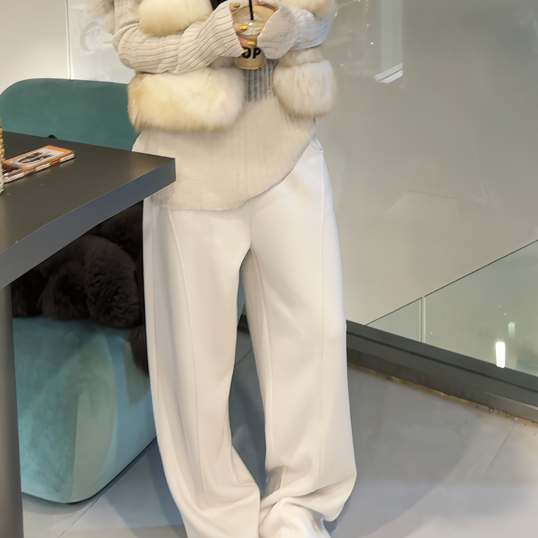 YEER·SHOP【无懈可搭～】爷儿冬季时尚百搭新款米色含羊毛弯刀裤