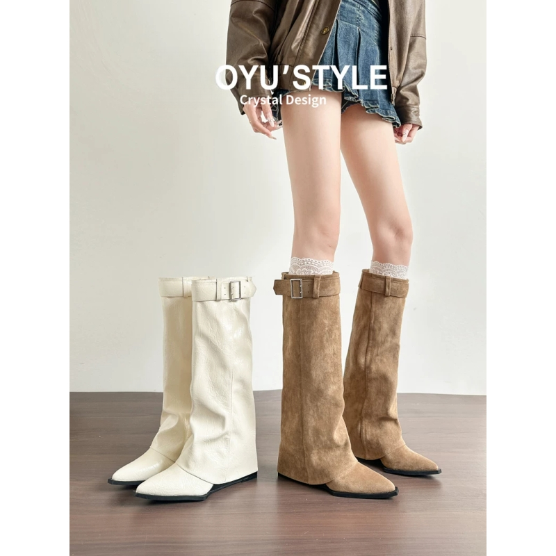 真皮内增高复古裤管靴皮带扣美拉德长靴粗跟尖头骑士靴显瘦长筒靴