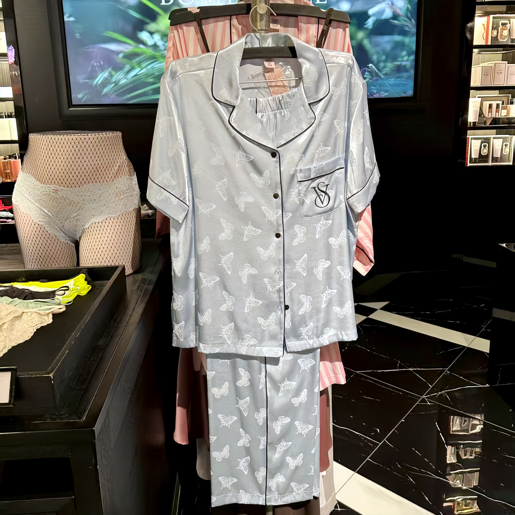 维密睡衣女月光绸蝴蝶印花正品短袖长裤薄款家居服长袖长裤新款