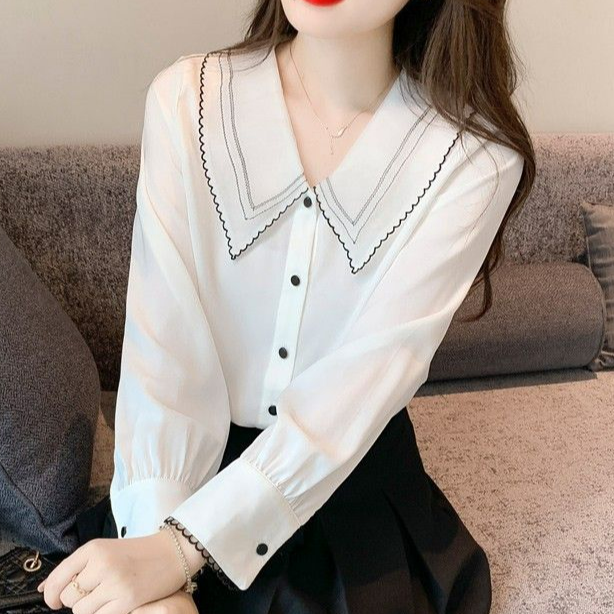 娃娃领雪纺长袖衬衫女温柔气质设计感小众春秋季时尚洋气百搭上衣