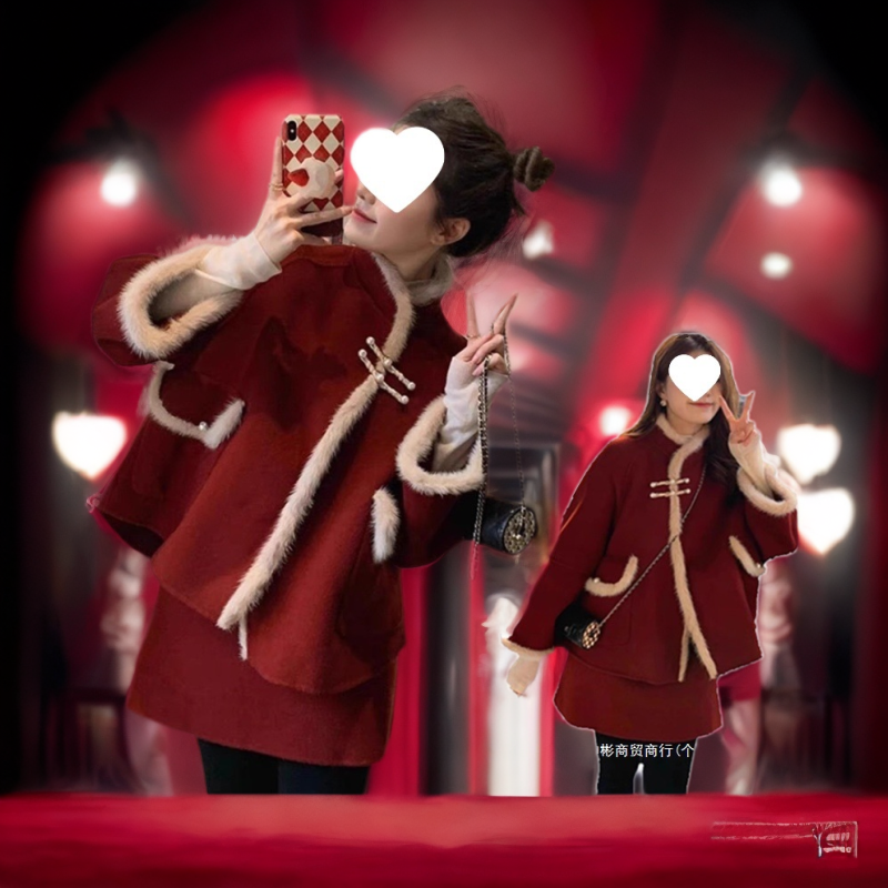 跨境红色套装裙女小香风2024秋冬新年战袍复古小众毛呢短外套连衣
