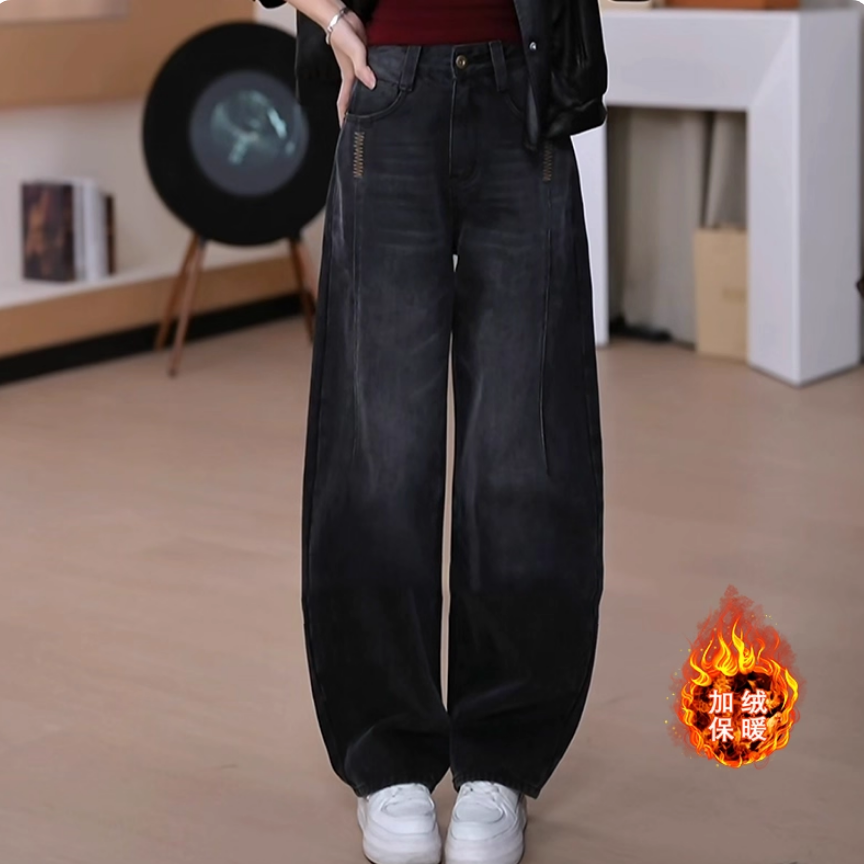 加绒小个子窄版弯刀牛仔裤女2025秋冬新款高腰显瘦复古宽松香蕉裤