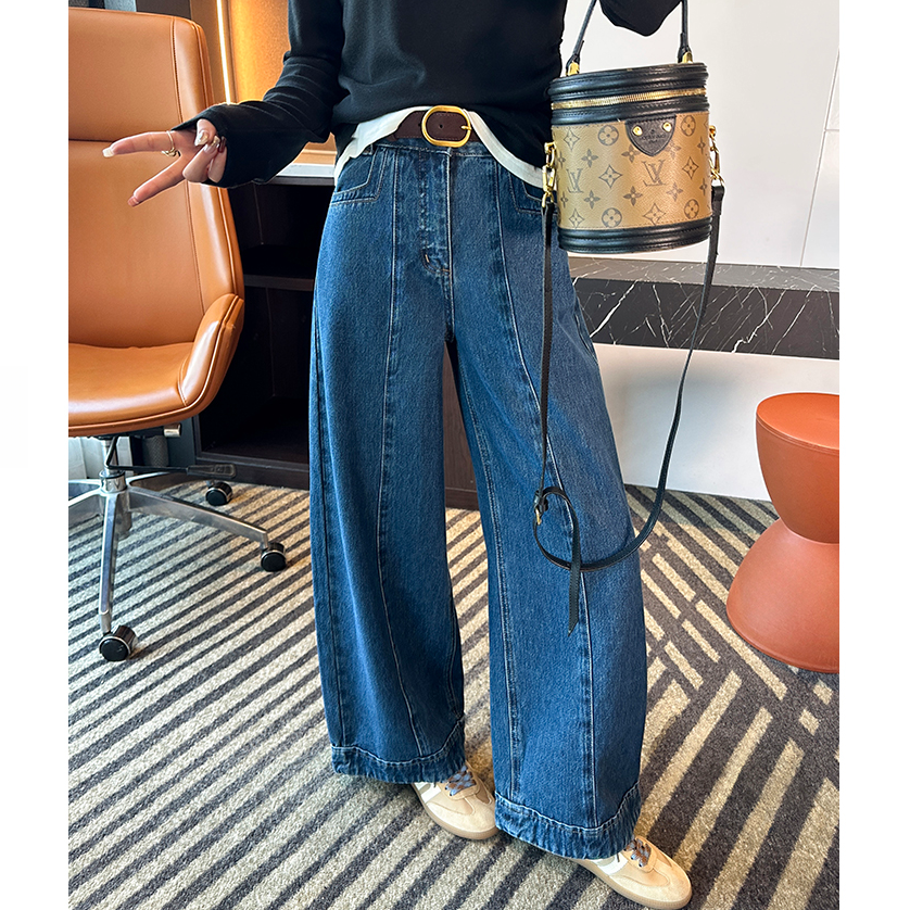 立裁中缝线阔腿牛仔裤女秋季新款梨形身材宽松显瘦直筒九分奶奶裤