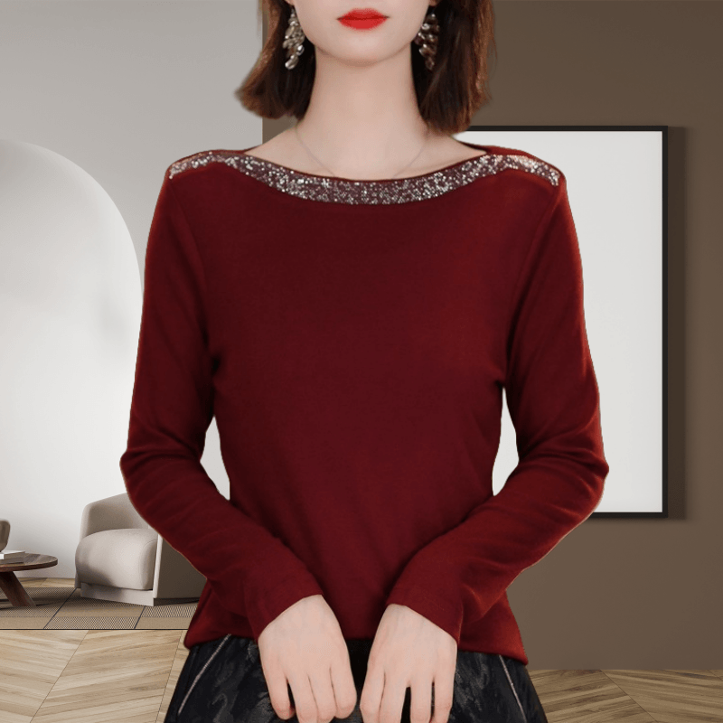 秋季新款小众修身显瘦打底衫上衣女时尚重工烫钻一字领长袖T恤衫