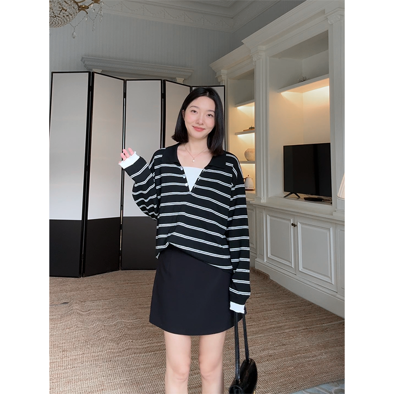 郭九九呢 羊毛条纹假两件宽松长袖针织毛衣高腰短裙 G925Y13942