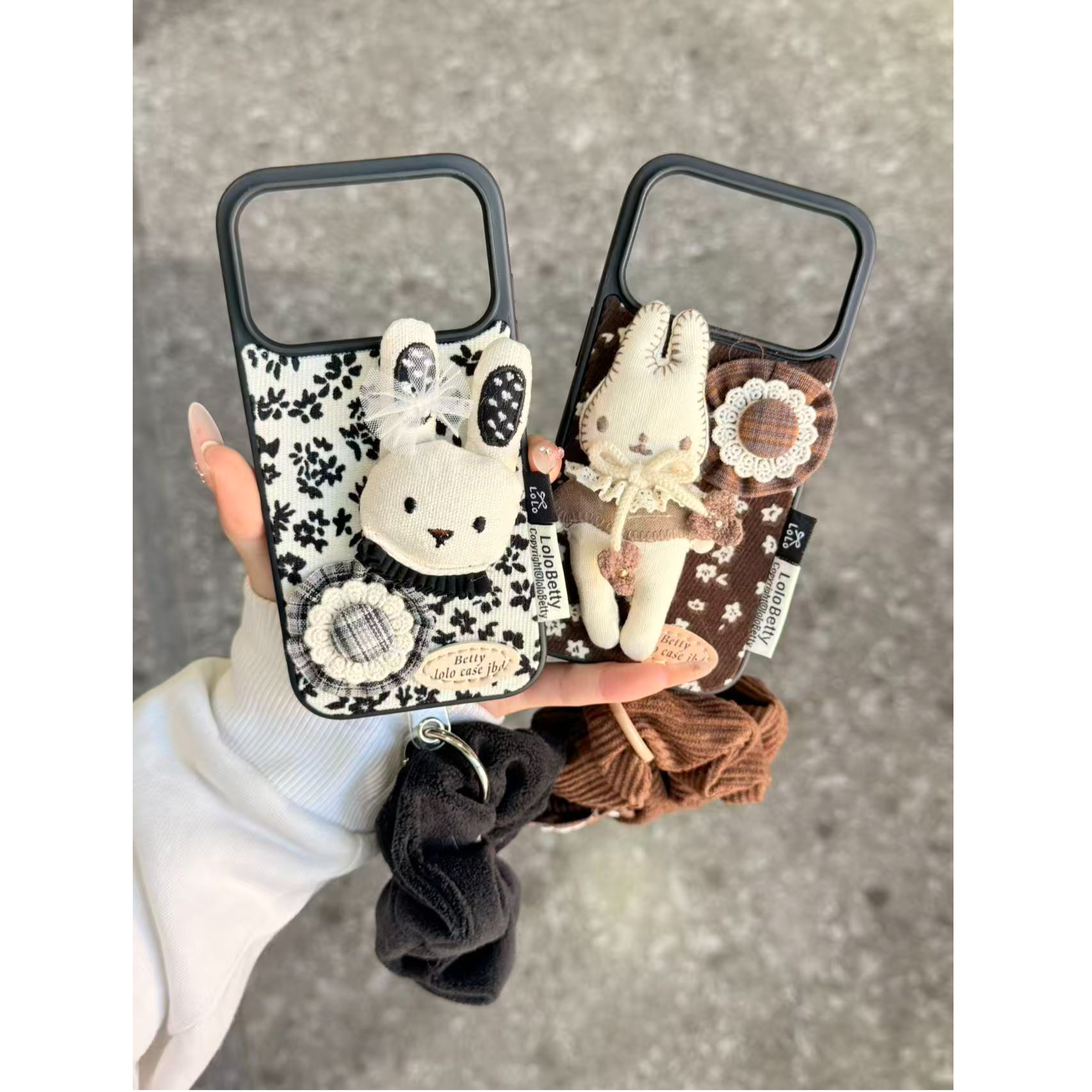 ins布纹碎花立体小兔帽子手机壳适用iPhone17promax发圈挂饰可爱