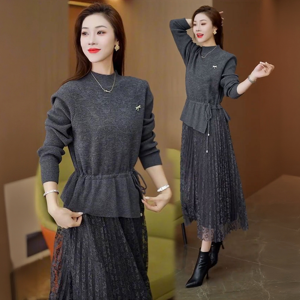 拉夏贝尔连衣裙女2025秋冬新款时髦洋气中长款假两件加厚打底裙