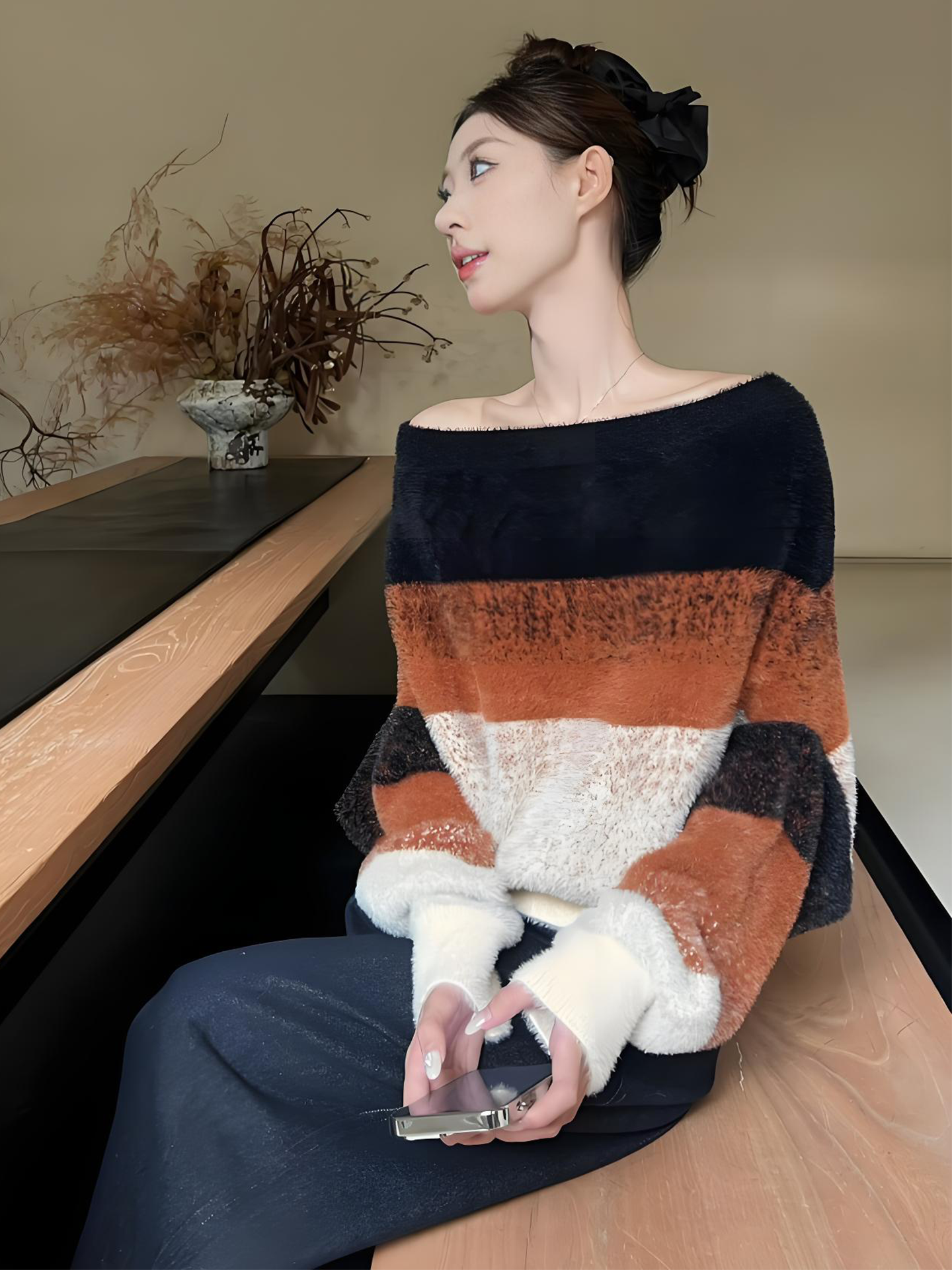 温柔慵懒风一字肩撞色条纹针织衫女秋冬季氛围感韩版气质宽松毛衣