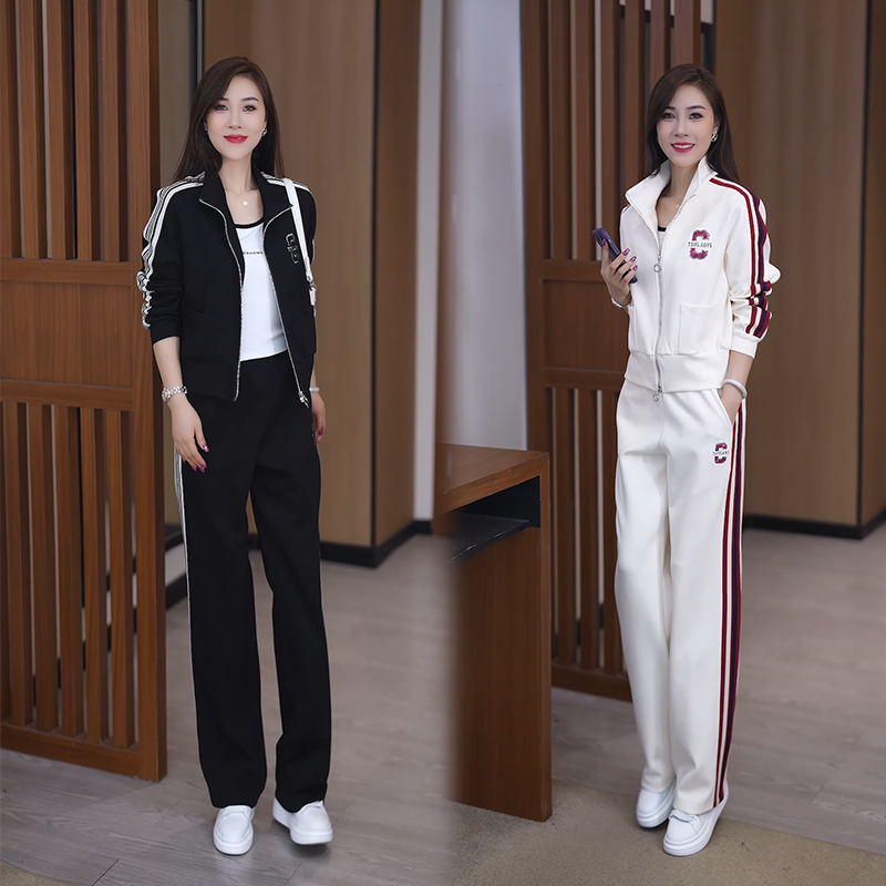 拉夏贝尔洋气运动服套装女2025春秋新款立领拉链开衫直筒裤两件套