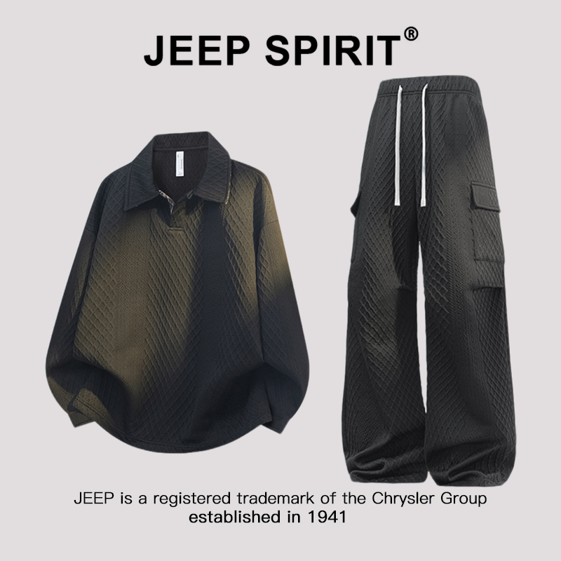 JEEP吉普男士重磅提花Polo衫长袖套装春秋宽松大码休闲长裤两件套