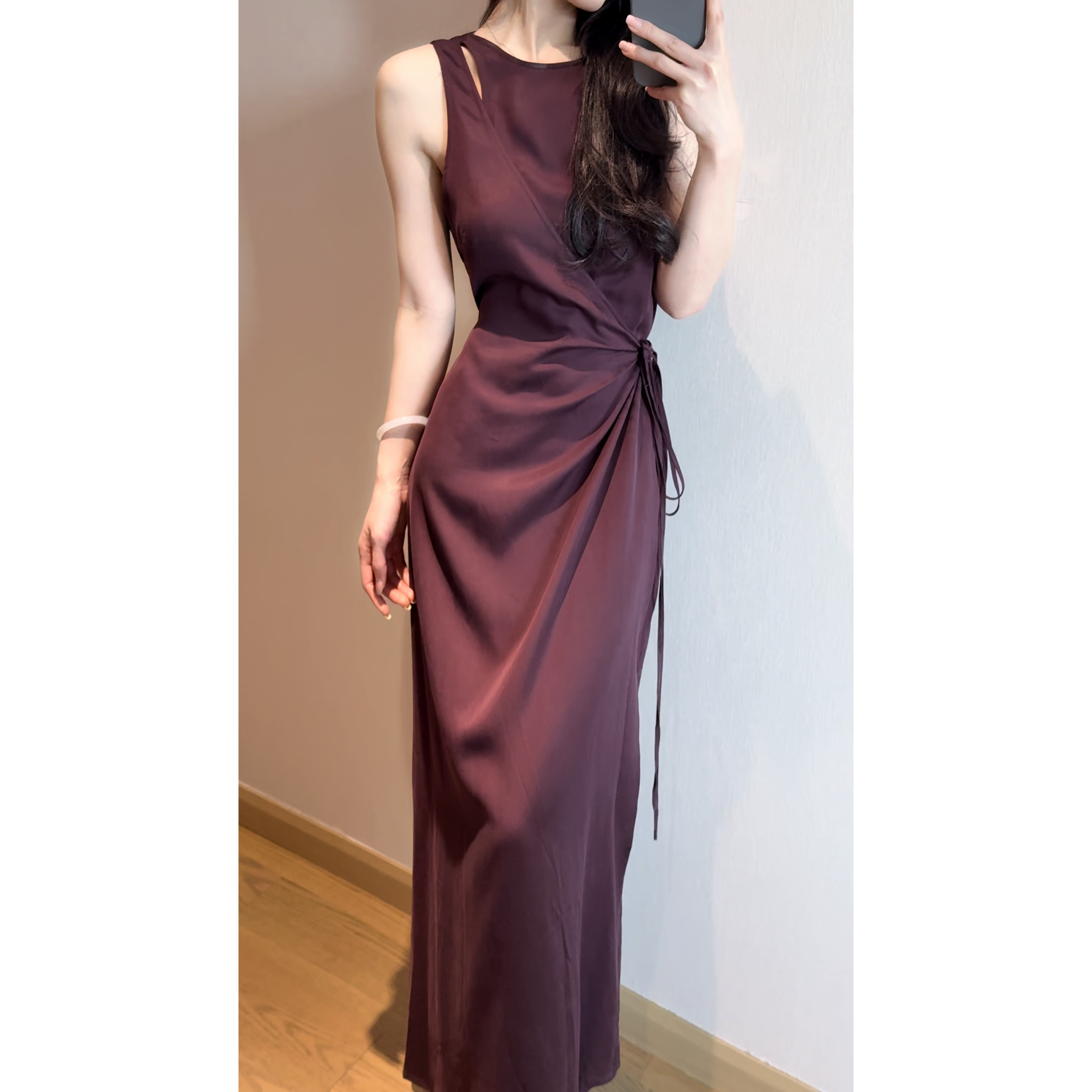【朱砂】时髦假两件无袖连衣裙系带收腰背心裙长裙女