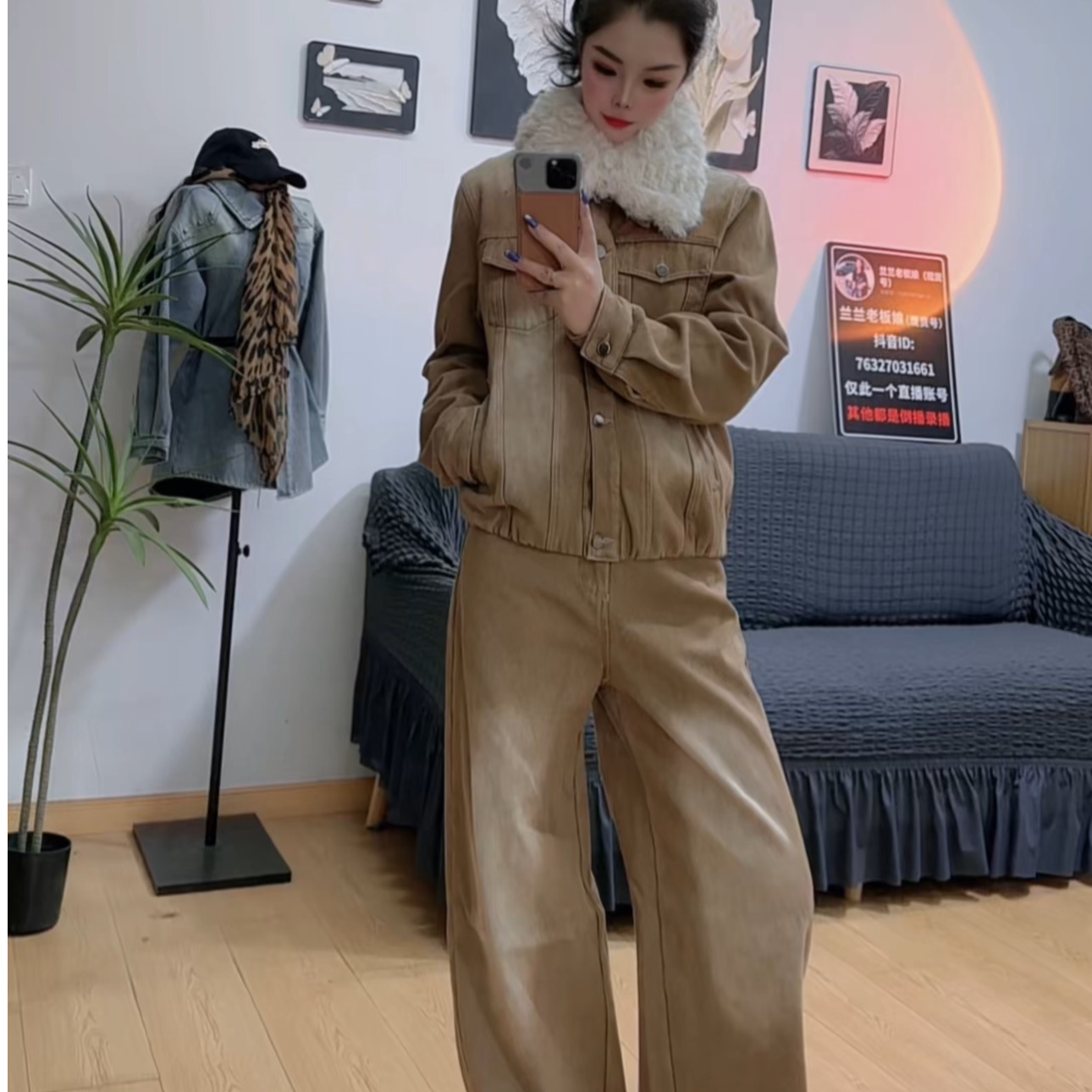 秋冬水洗磨白加绒牛仔套装山本风休闲时尚阔腿直筒拖地牛仔裤套装