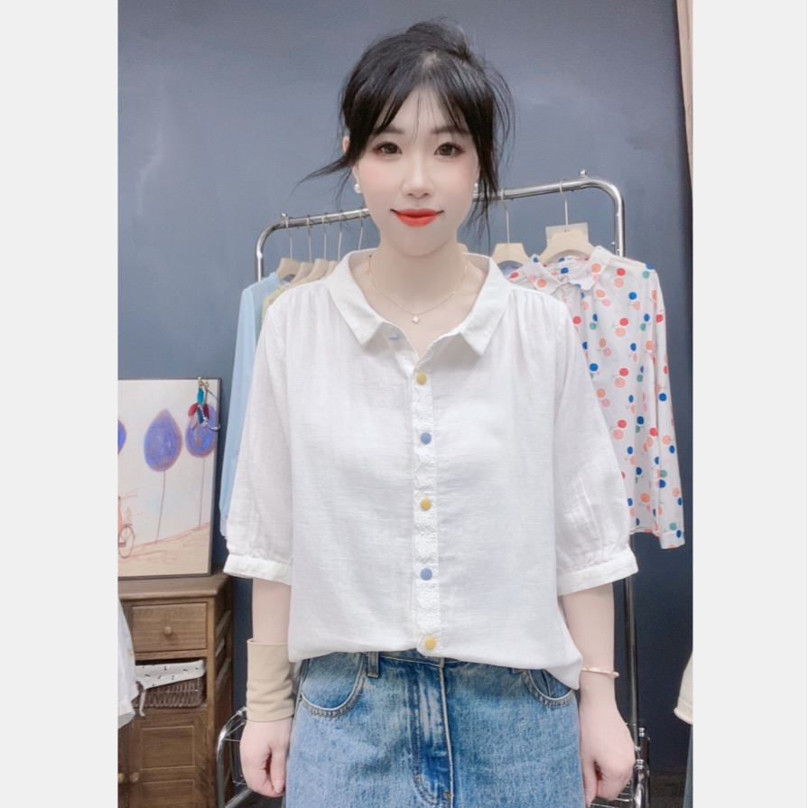 中袖衬衫 文艺小清新刺绣玫瑰花宽松大翻领双层棉纱全棉白衬衫女
